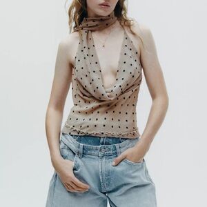 Zara Beige Polka Dot Cowl Halter Top